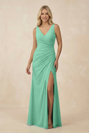 V-Neck Ruched Sheath Bridesmaid Dress with Slit in Turquoise - SHE IS ME BRIDESMAID DRESSES