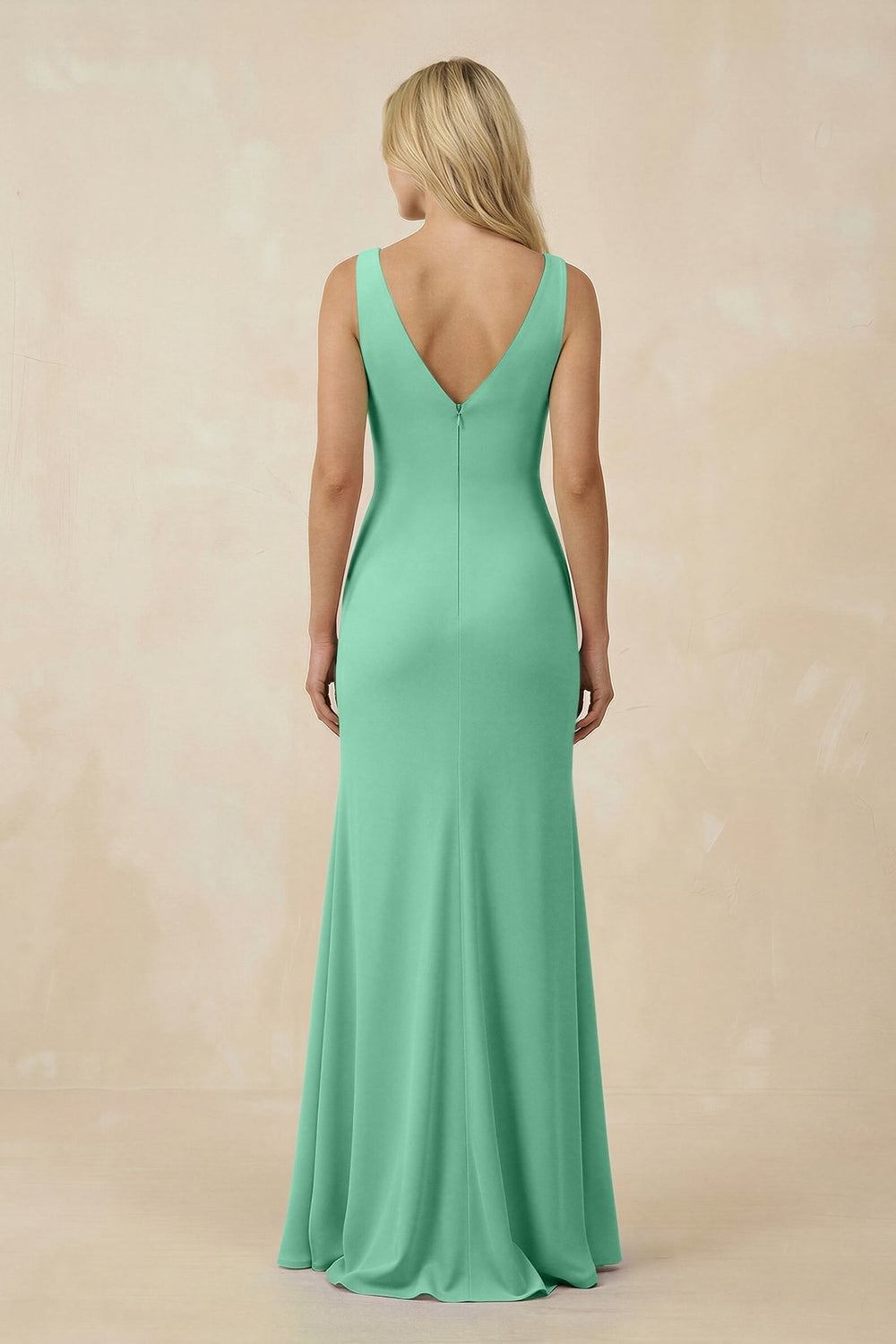 V-Neck Ruched Sheath Bridesmaid Dress with Slit in Turquoise - KISS BRIDAL BRIDESMAID DRESSES