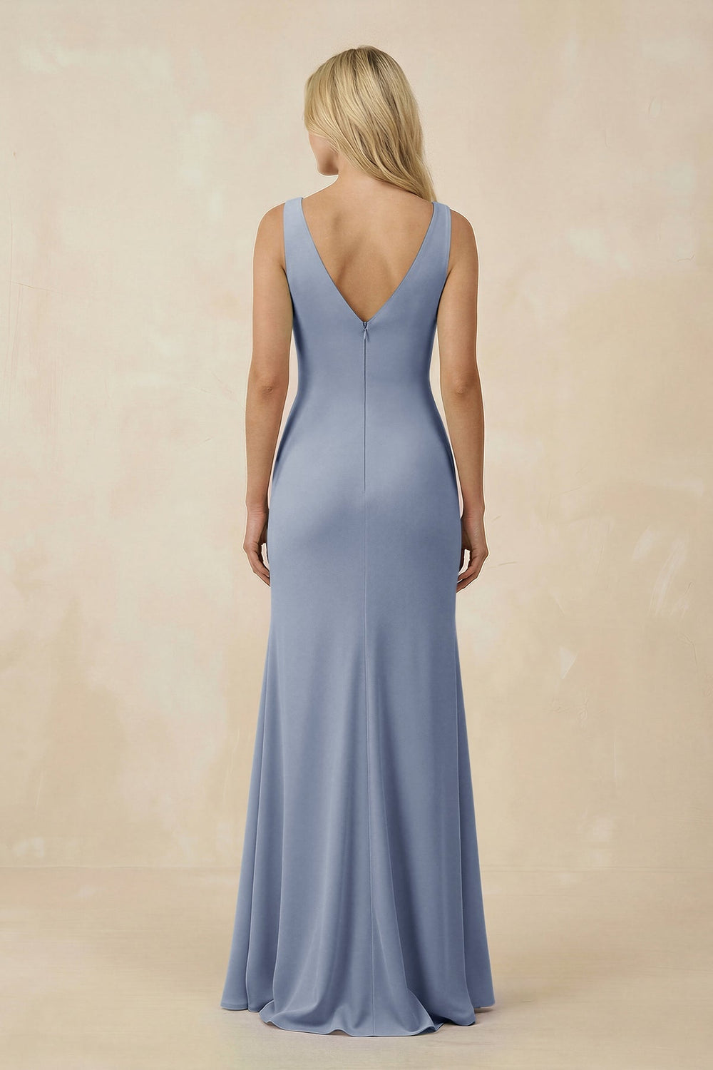 V-Neck Ruched Sheath Bridesmaid Dress with Slit in Twilight - KISS BRIDAL BRIDESMAID DRESSES