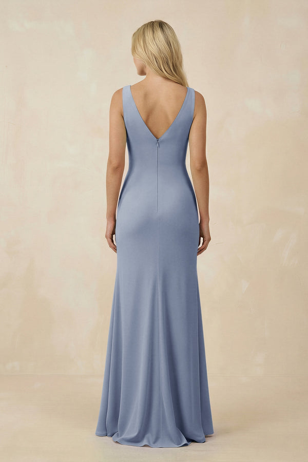 V-Neck Ruched Sheath Bridesmaid Dress with Slit in Twilight - SHE IS ME BRIDESMAID DRESSES