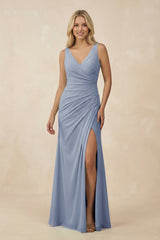 V-Neck Ruched Sheath Bridesmaid Dress with Slit in Twilight - KISS BRIDAL BRIDESMAID DRESSES