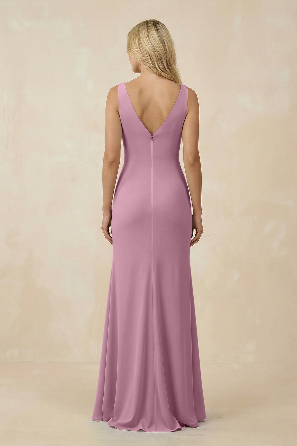 V-Neck Ruched Sheath Bridesmaid Dress with Slit in Vintage Mauve - KISS BRIDAL BRIDESMAID DRESSES