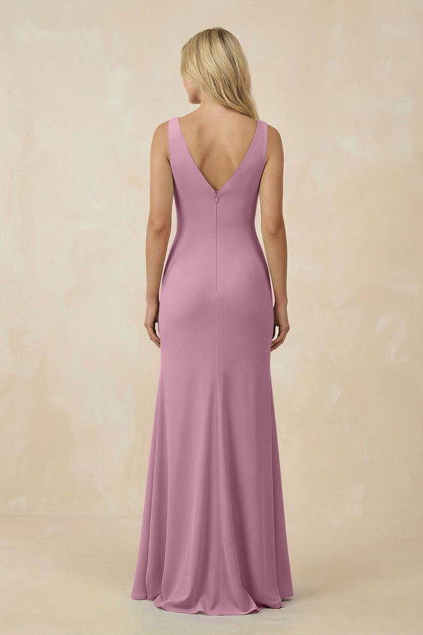 V-Neck Ruched Sheath Bridesmaid Dress with Slit in Vintage Mauve - SHE IS ME BRIDESMAID DRESSES
