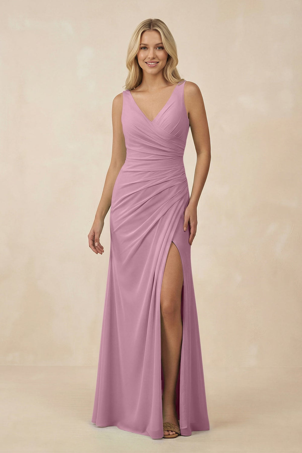 V-Neck Ruched Sheath Bridesmaid Dress with Slit in Vintage Mauve - KISS BRIDAL BRIDESMAID DRESSES