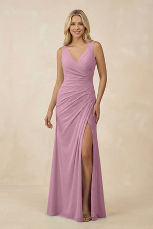 V-Neck Ruched Sheath Bridesmaid Dress with Slit in Vintage Mauve - SHE IS ME BRIDESMAID DRESSES