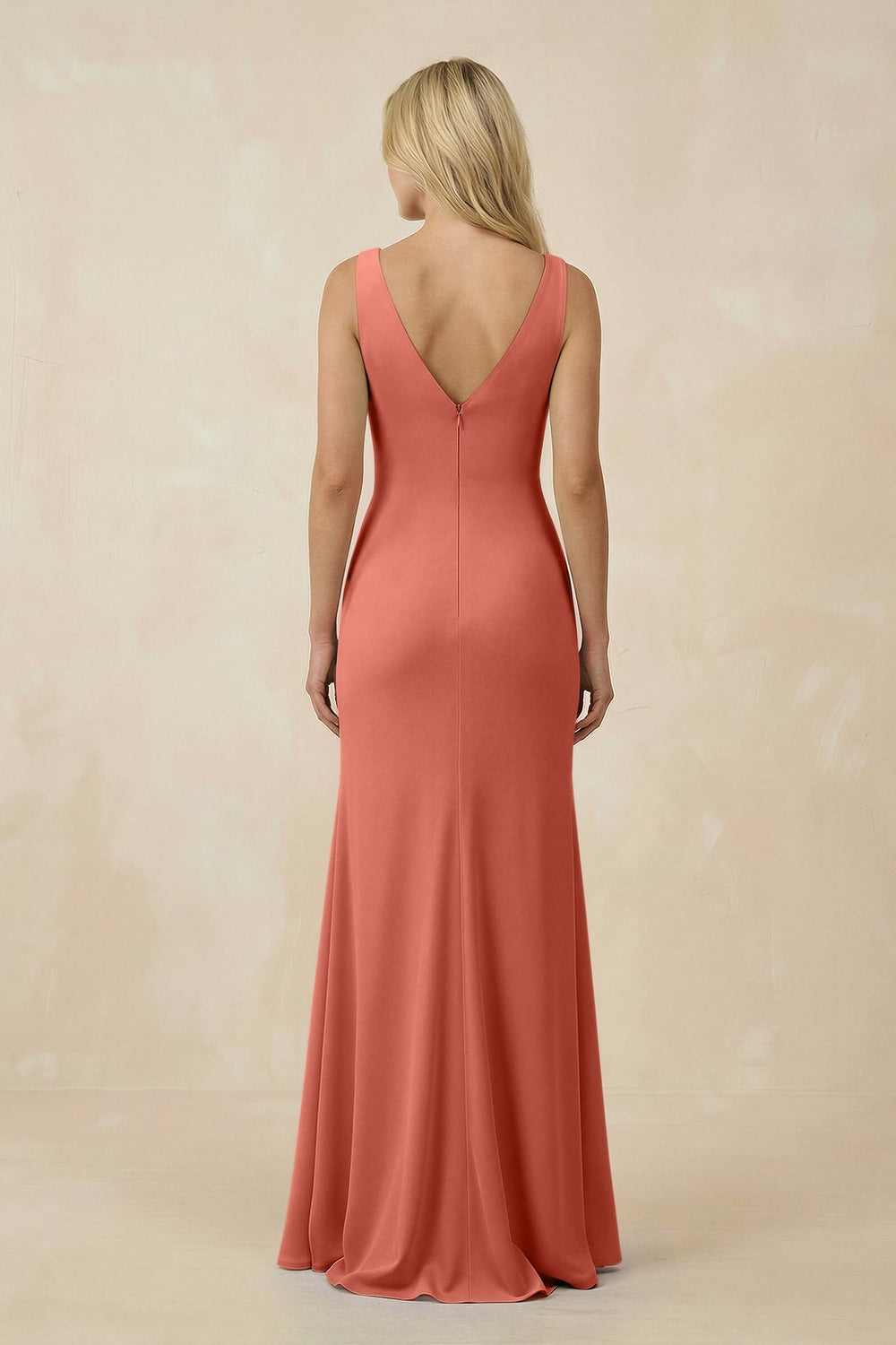 V-Neck Ruched Sheath Bridesmaid Dress with Slit in Wild Rose - KISS BRIDAL BRIDESMAID DRESSES