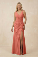 V-Neck Ruched Sheath Bridesmaid Dress with Slit in Wild Rose - SHE IS ME BRIDESMAID DRESSES
