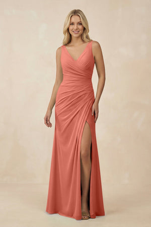 V-Neck Ruched Sheath Bridesmaid Dress with Slit in Wild Rose - SHE IS ME BRIDESMAID DRESSES