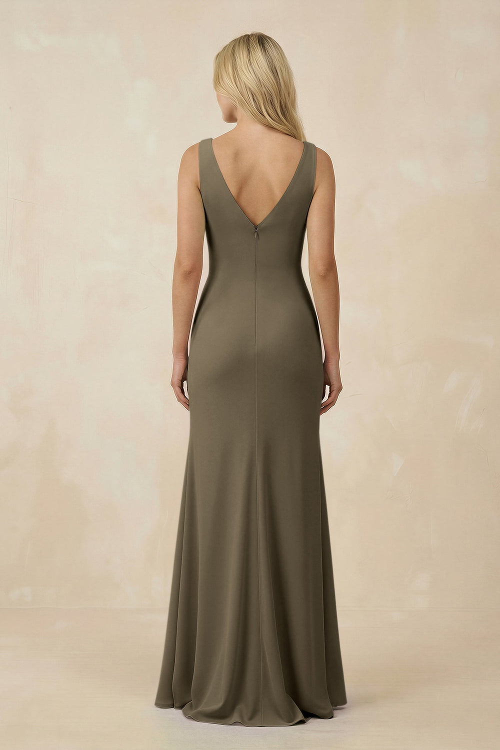 V-Neck Ruched Sheath Bridesmaid Dress with Slit in Willow Green - KISS BRIDAL BRIDESMAID DRESSES
