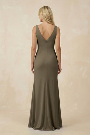 V-Neck Ruched Sheath Bridesmaid Dress with Slit in Willow Green - SHE IS ME BRIDESMAID DRESSES