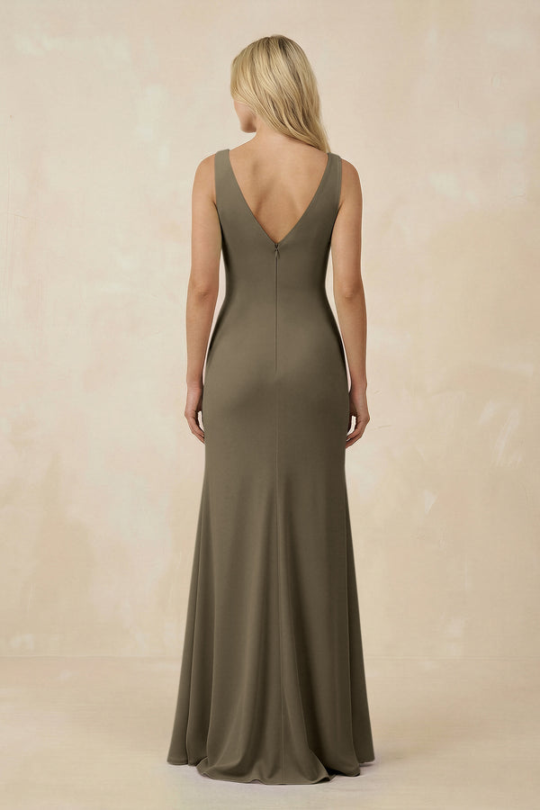V-Neck Ruched Sheath Bridesmaid Dress with Slit in Willow Green - SHE IS ME BRIDESMAID DRESSES
