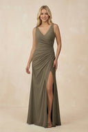 V-Neck Ruched Sheath Bridesmaid Dress with Slit in Willow Green - SHE IS ME BRIDESMAID DRESSES