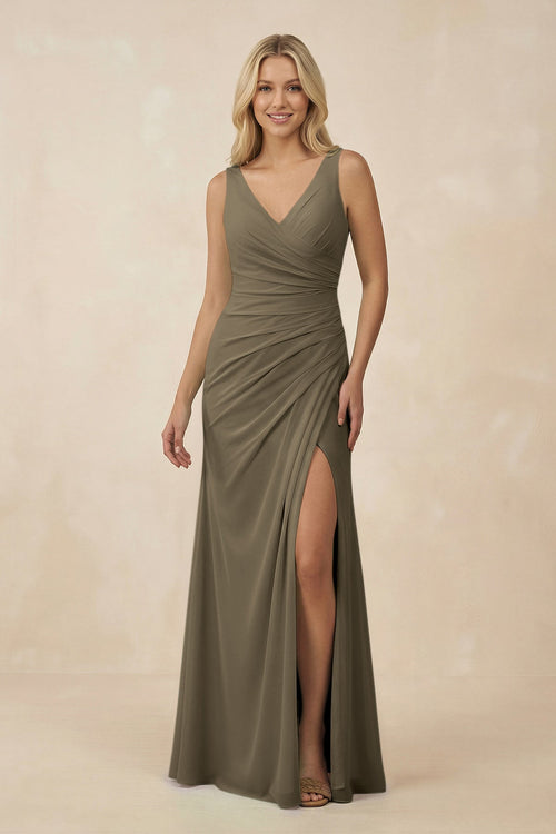 V-Neck Ruched Sheath Bridesmaid Dress with Slit in Willow Green - SHE IS ME BRIDESMAID DRESSES