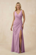 V-Neck Ruched Sheath Bridesmaid Dress with Slit in Wisteria - SHE IS ME BRIDESMAID DRESSES