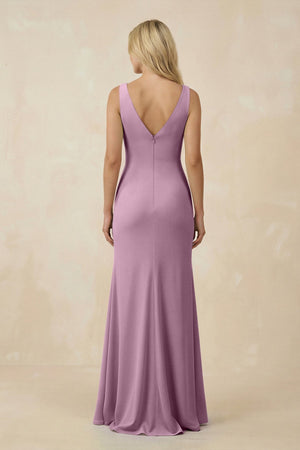 V-Neck Ruched Sheath Bridesmaid Dress with Slit in Wisteria - SHE IS ME BRIDESMAID DRESSES
