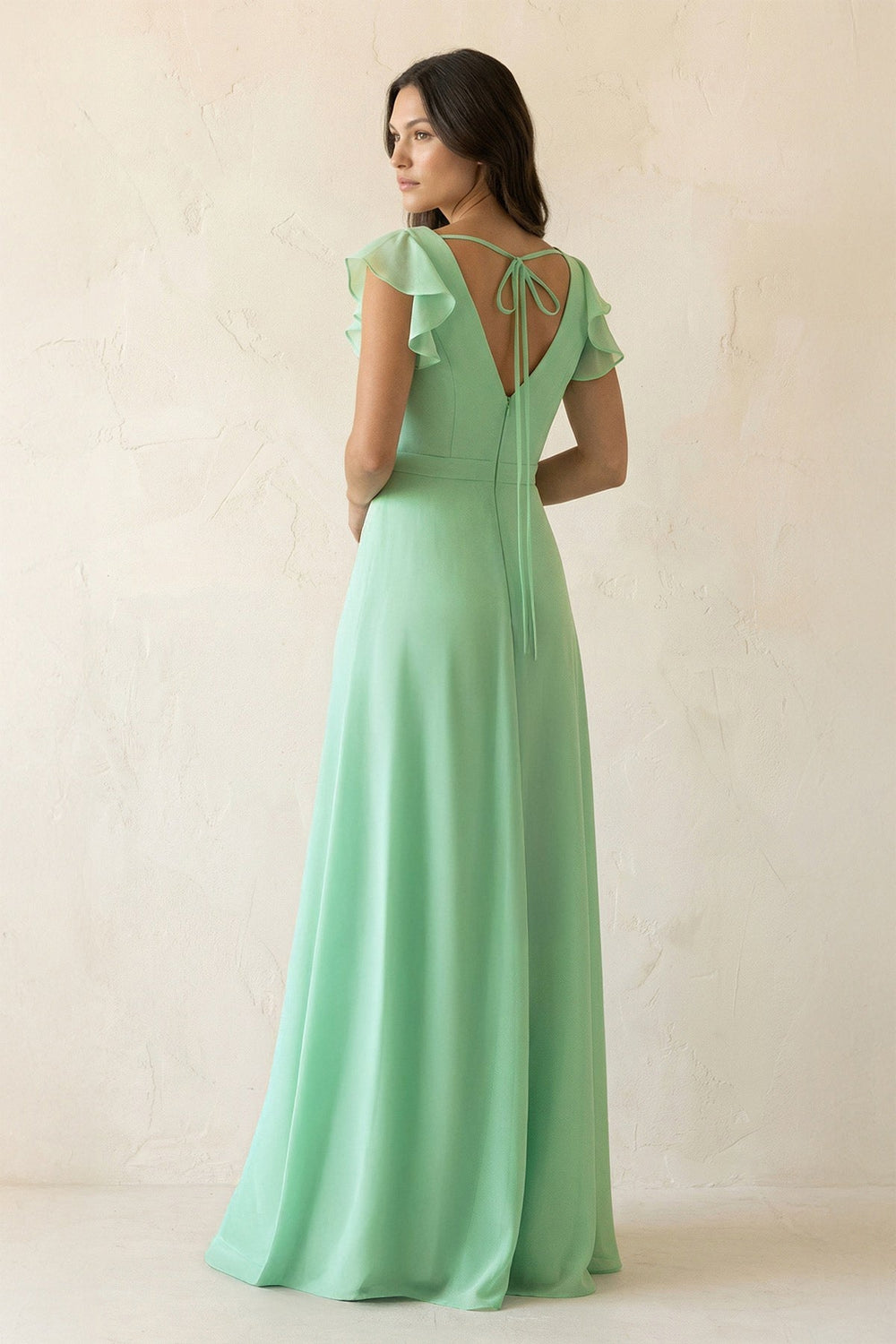 V-Neck Ruffled A-Line Chiffon Bridesmaid Dress in Pale Pistachio - SHE IS ME BRIDESMAID DRESSES