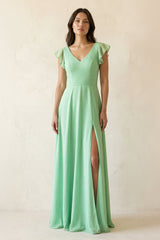 V-Neck Ruffled A-Line Chiffon Bridesmaid Dress in Pale Pistachio - KISS BRIDAL BRIDESMAID DRESSES