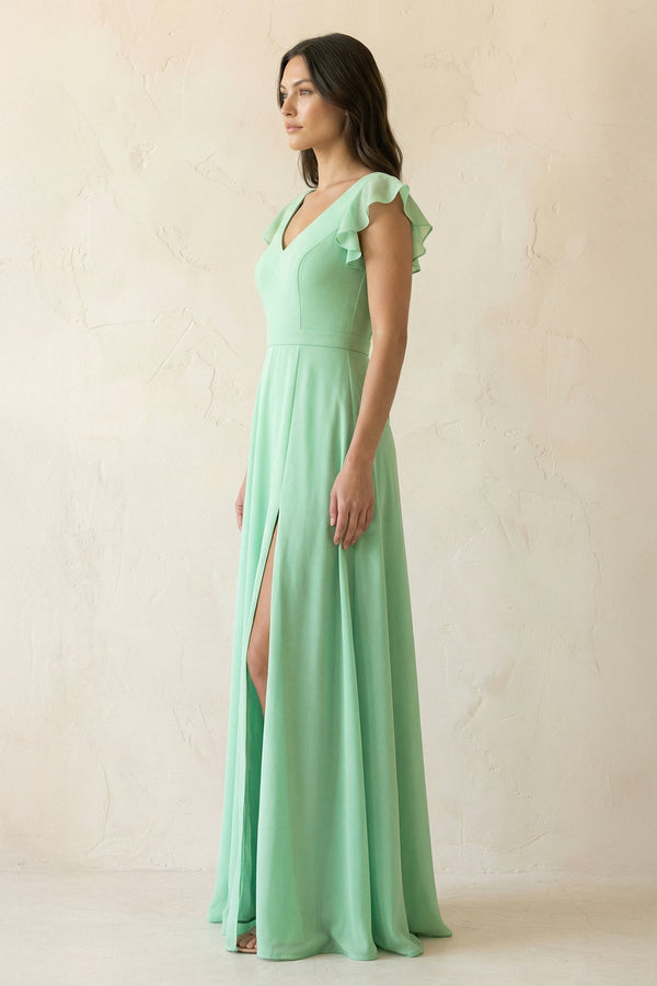 V-Neck Ruffled A-Line Chiffon Bridesmaid Dress in Pale Pistachio - SHE IS ME BRIDESMAID DRESSES