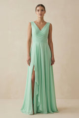 V - Neck Ruffled A - Line Chiffon Bridesmaid Dress - KISS BRIDAL Bridesmaid Dresses