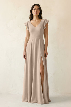 V - Neck Ruffled A - Line Chiffon Bridesmaid Dress in Almond - SHE IS ME Bridesmaid Dresses