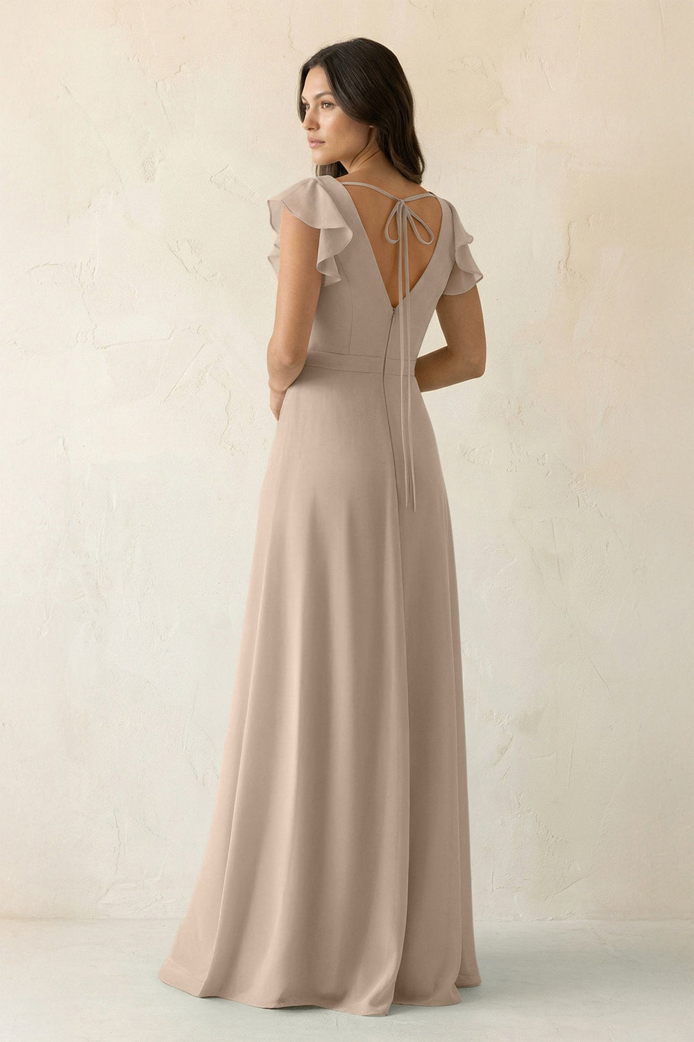 V - Neck Ruffled A - Line Chiffon Bridesmaid Dress in Almond - SHE IS ME Bridesmaid Dresses