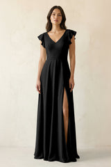 V - Neck Ruffled A - Line Chiffon Bridesmaid Dress in Black - KISS BRIDAL Bridesmaid Dresses