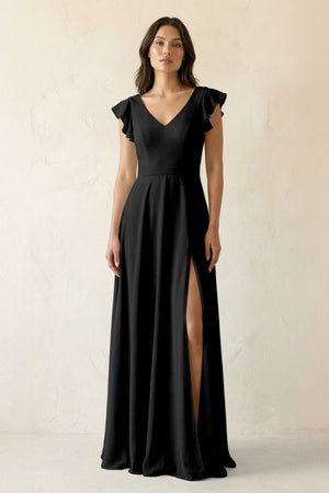 V - Neck Ruffled A - Line Chiffon Bridesmaid Dress in Black - SHE IS ME Bridesmaid Dresses