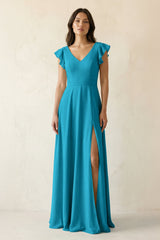 V - Neck Ruffled A - Line Chiffon Bridesmaid Dress in Blue Jay - KISS BRIDAL Bridesmaid Dresses