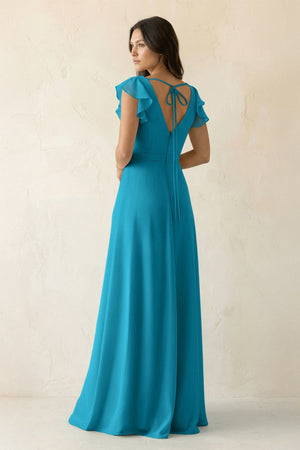 V - Neck Ruffled A - Line Chiffon Bridesmaid Dress in Blue Jay - SHE IS ME Bridesmaid Dresses