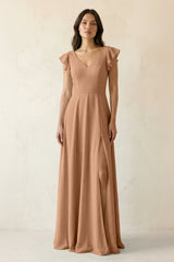 V - Neck Ruffled A - Line Chiffon Bridesmaid Dress in Bronzer - KISS BRIDAL Bridesmaid Dresses