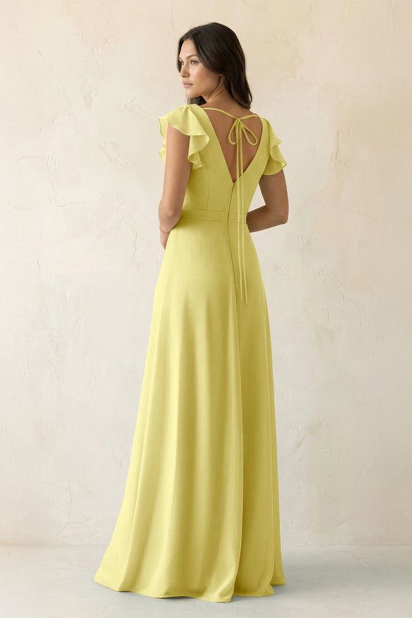 V - Neck Ruffled A - Line Chiffon Bridesmaid Dress in Buttercup - SHE IS ME Bridesmaid Dresses