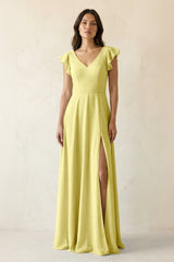 V - Neck Ruffled A - Line Chiffon Bridesmaid Dress in Buttercup - KISS BRIDAL Bridesmaid Dresses