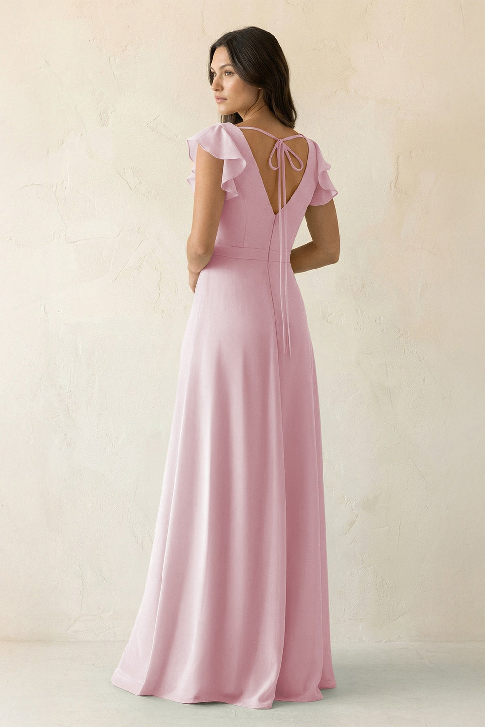 V - Neck Ruffled A - Line Chiffon Bridesmaid Dress in Candy Pink - SHE IS ME Bridesmaid Dresses