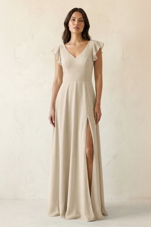 V - Neck Ruffled A - Line Chiffon Bridesmaid Dress in Champagne - SHE IS ME Bridesmaid Dresses