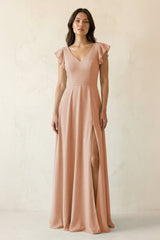 V - Neck Ruffled A - Line Chiffon Bridesmaid Dress in Champagne Rose - KISS BRIDAL Bridesmaid Dresses
