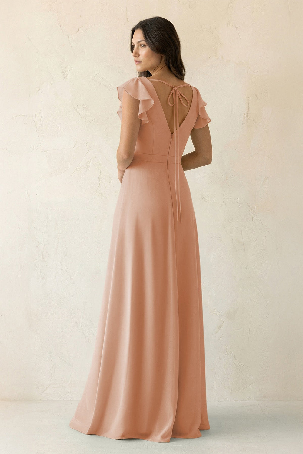V - Neck Ruffled A - Line Chiffon Bridesmaid Dress in Champagne Rose - SHE IS ME Bridesmaid Dresses
