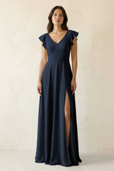 V - Neck Ruffled A - Line Chiffon Bridesmaid Dress in Dark Navy - KISS BRIDAL Bridesmaid Dresses