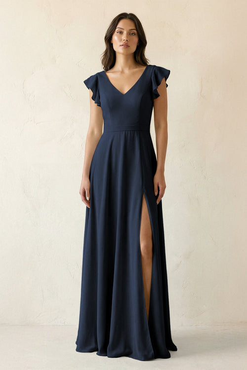 V - Neck Ruffled A - Line Chiffon Bridesmaid Dress in Dark Navy - SHE IS ME Bridesmaid Dresses