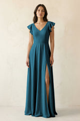 V - Neck Ruffled A - Line Chiffon Bridesmaid Dress in Dark Teal - KISS BRIDAL Bridesmaid Dresses