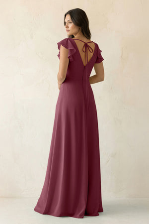 V-Neck Ruffled A-Line Chiffon Bridesmaid Dress in Desert Rose (2) | KISSBRIDAL