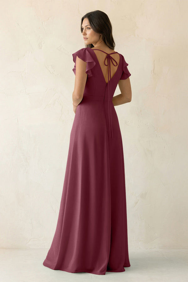 V-Neck Ruffled A-Line Chiffon Bridesmaid Dress in Desert Rose (2) | KISSBRIDAL