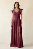 V-Neck Ruffled A-Line Chiffon Bridesmaid Dress in Desert Rose | KISSBRIDAL