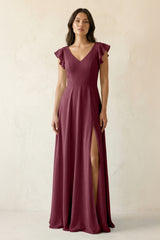 V-Neck Ruffled A-Line Chiffon Bridesmaid Dress in Desert Rose | KISSBRIDAL