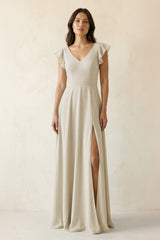 V - Neck Ruffled A - Line Chiffon Bridesmaid Dress in Dove Gray - KISS BRIDAL Bridesmaid Dresses