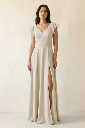 V - Neck Ruffled A - Line Chiffon Bridesmaid Dress in Dove Gray - SHE IS ME Bridesmaid Dresses