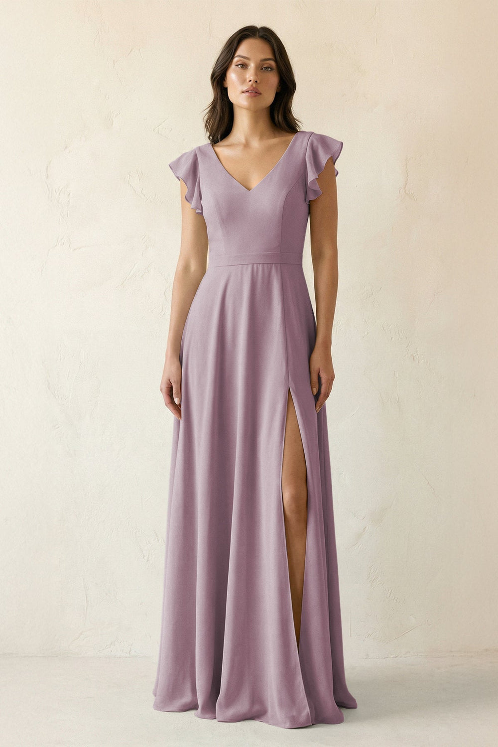 V - Neck Ruffled A - Line Chiffon Bridesmaid Dress in Dusk - SHE IS ME Bridesmaid Dresses