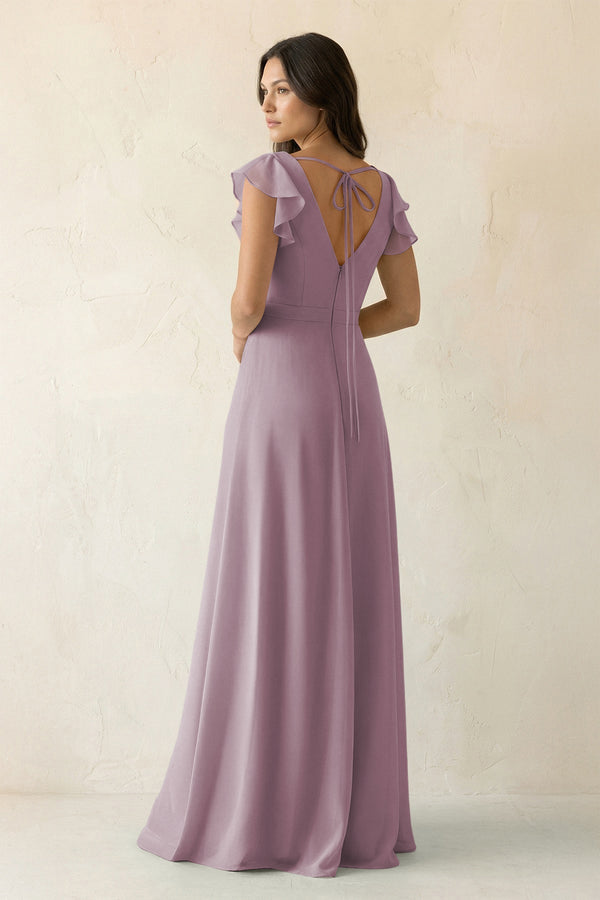 V - Neck Ruffled A - Line Chiffon Bridesmaid Dress in Dusk - SHE IS ME Bridesmaid Dresses