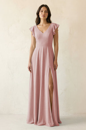 V - Neck Ruffled A - Line Chiffon Bridesmaid Dress in Dusty Rose - SHE IS ME Bridesmaid Dresses