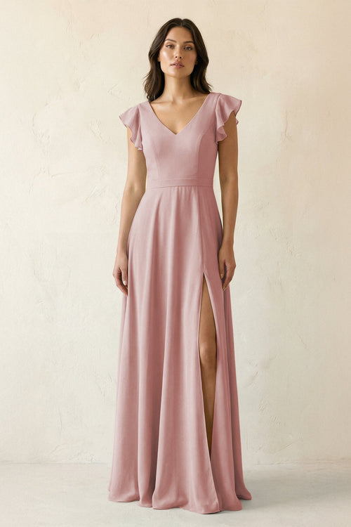 V - Neck Ruffled A - Line Chiffon Bridesmaid Dress in Dusty Rose - SHE IS ME Bridesmaid Dresses