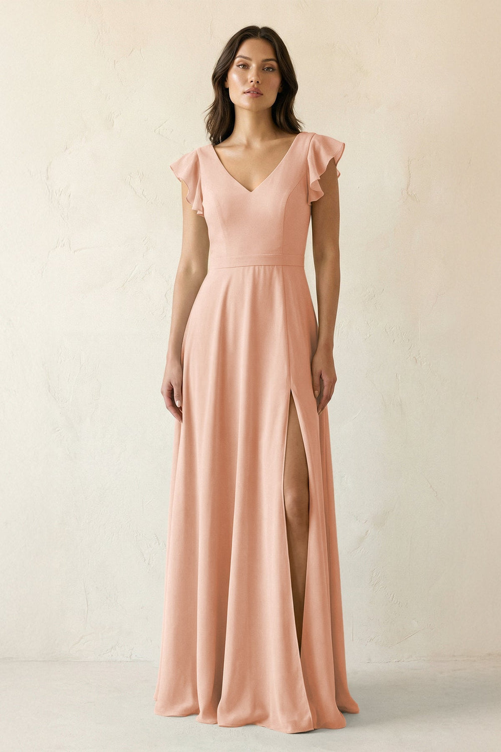 V - Neck Ruffled A - Line Chiffon Bridesmaid Dress in English Rose - SHE IS ME Bridesmaid Dresses